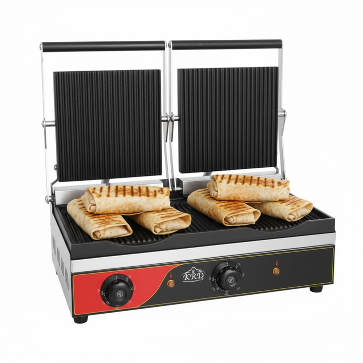 KRD Heavy Duty Twin Panini Contact grill Dual Zone 3.6kW Ribbed OP813NA