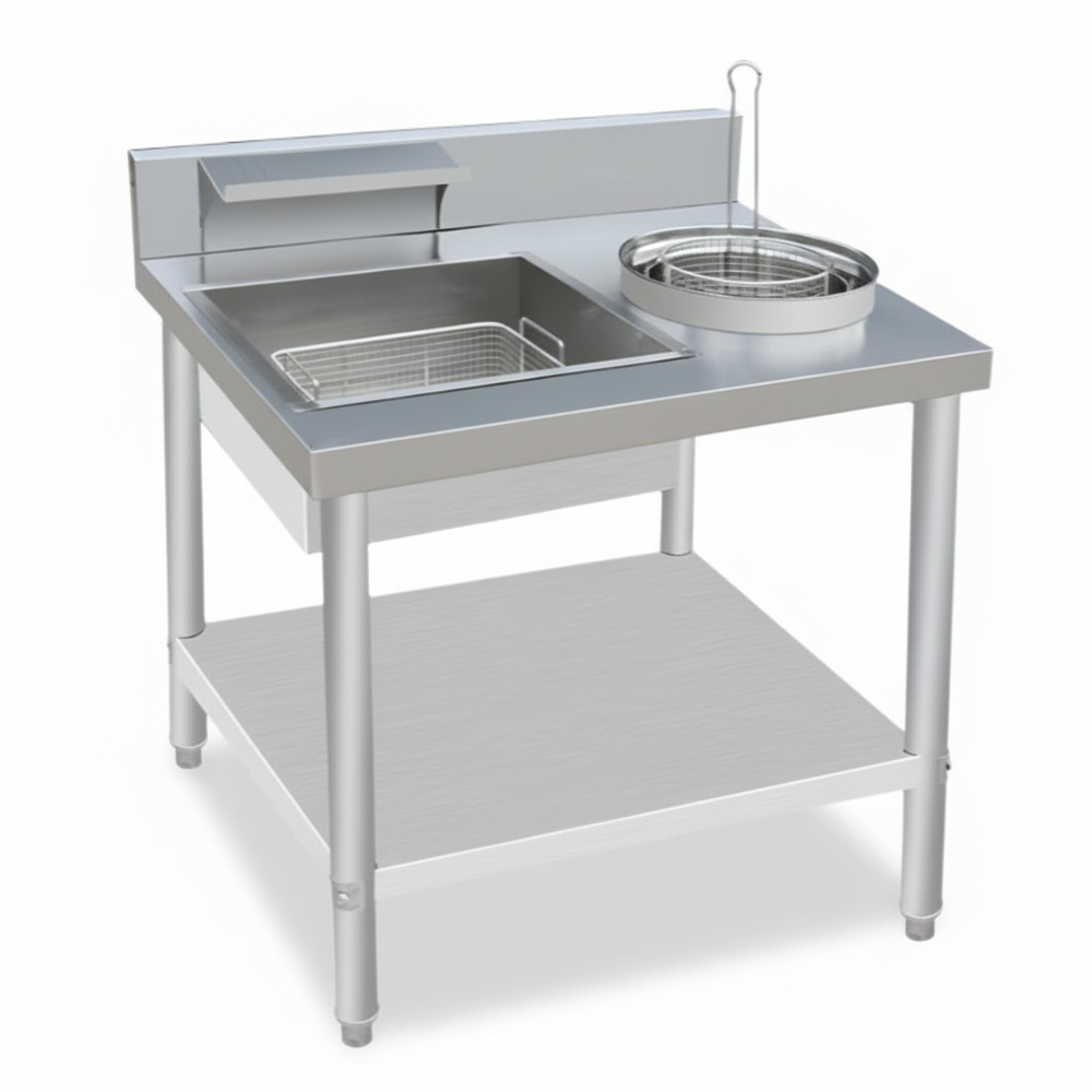 KRD Professional 800mm Stainless Steel Breading Table with Upstand JH800 featuring removable baskets for easy cleaning.