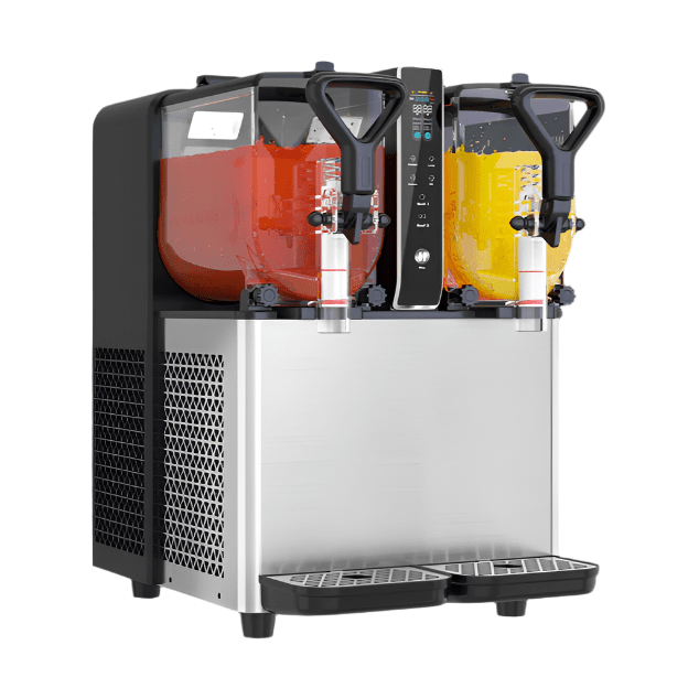 KRD Commercial Slush Machine 2 x 3 Litres Digital 490x370x545mm RL3X2 with stainless steel body and two slush tanks.
