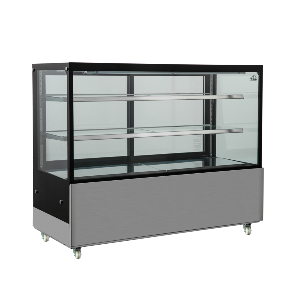 KRD 1500mm Commercial Cake Display Fridge 580L LED Stainless Steel Black Glass, spacious display for cafes and restaurants.