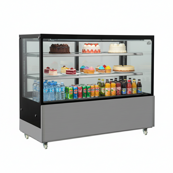 KRD 1500mm Commercial Cake Display Fridge 580L LED Stainless Steel Black Glass