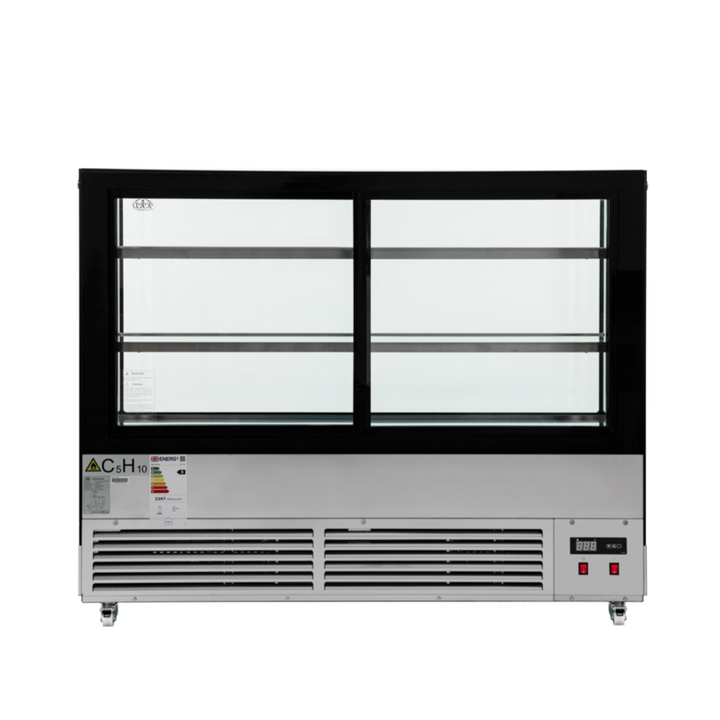 Commercial refrigerator with glass doors on a white background