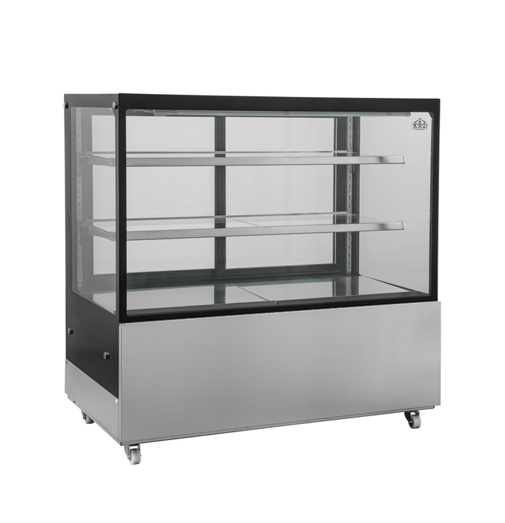 Glass display case with metal frame on a white background