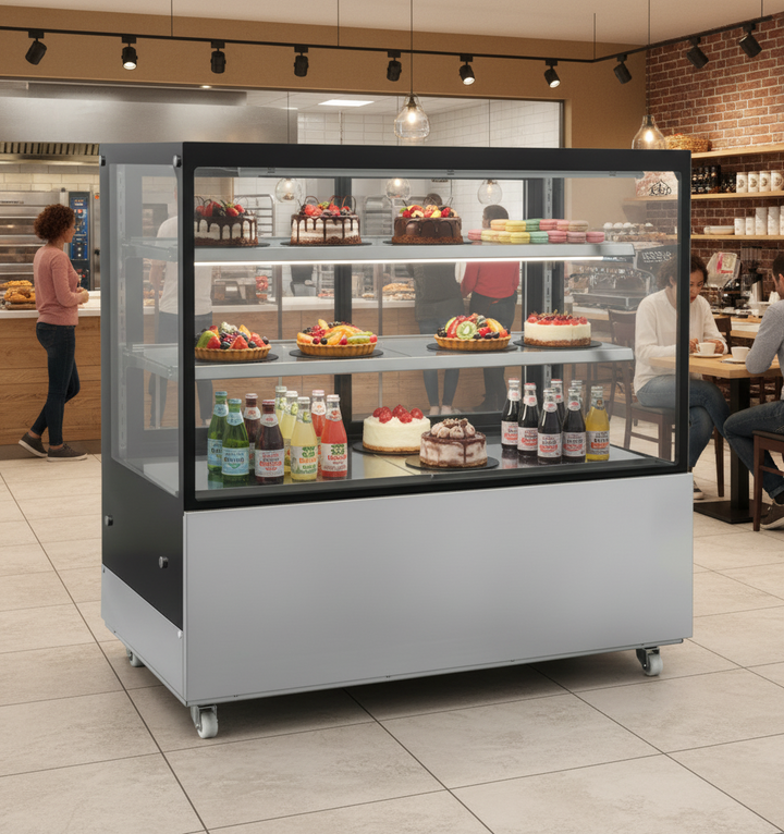 KRD 1500mm Commercial Cake Display Fridge 580L LED Stainless Steel Black Glass