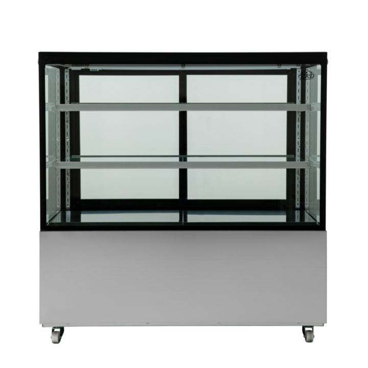 Glass display case with metal frame on a white background