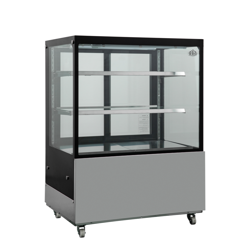 KRD Commercial Cake Display Fridge Merchandiser 330 litres 2 shelves Stainless 900mm with glass doors and sleek design.