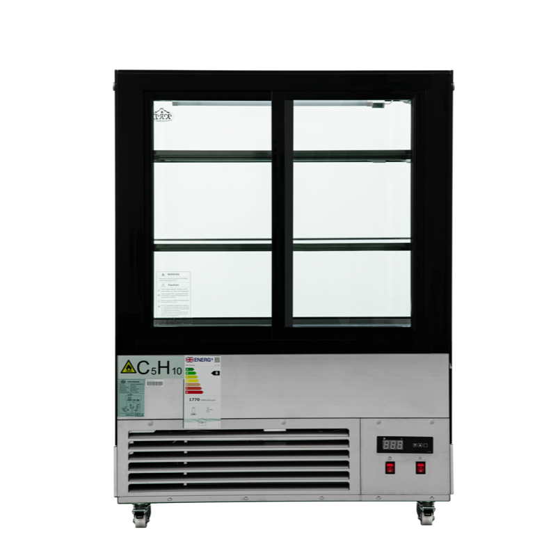 Commercial refrigerator with glass doors on a white background
