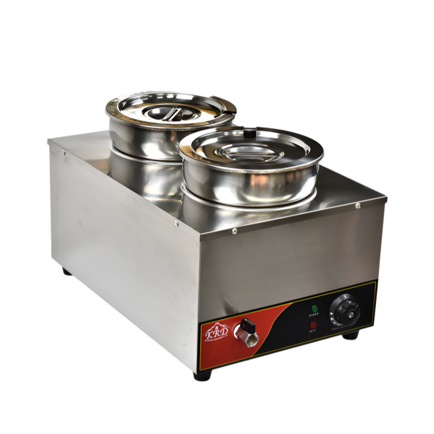 Stainless steel hot pot warmer with two compartments on a white background