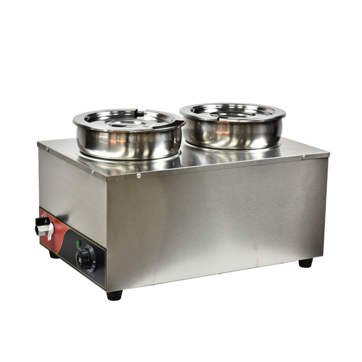 Stainless steel hot pot warmer with two bowls on a white background