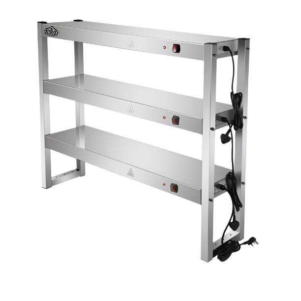 KRD Commercial Quartz Lamp Heating Gantry 3 tier 1200mm FWL123 with three stainless steel shelves and heating elements.
