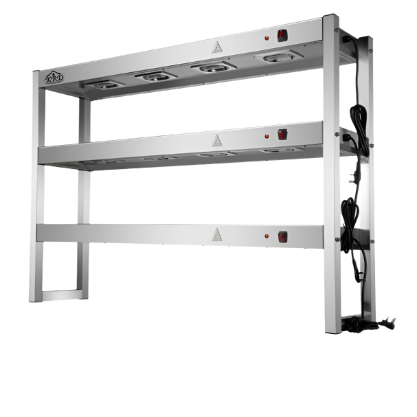 KRD Commercial Quartz Lamp Heating Gantry 3 tier 1500mm FWL153 with three stainless steel shelves and controls.