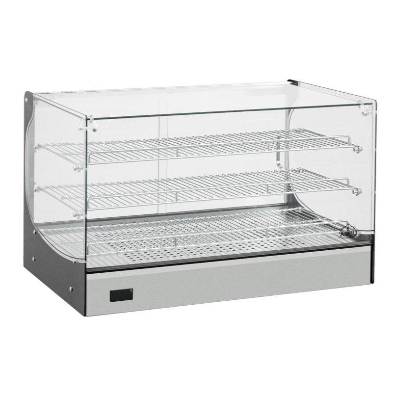 KRD Commercial 165 Litre Countertop Display Warmer 3 shelf stainless steel 88cm in a cafe setting.