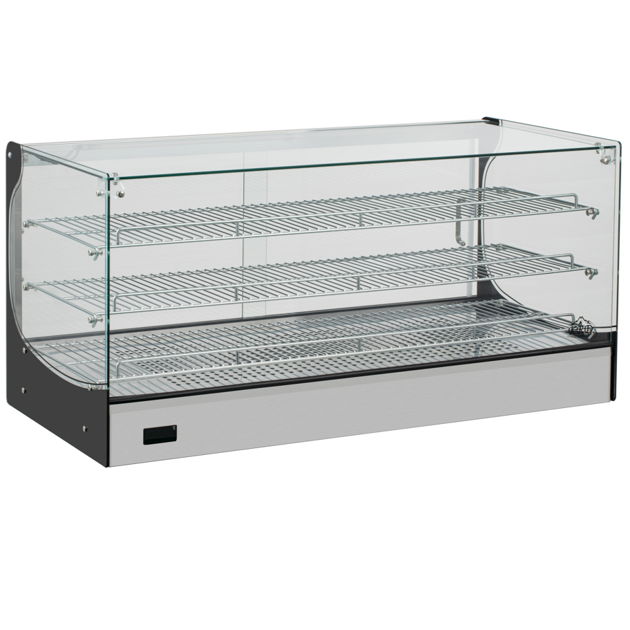 KRD Commercial 205 Litre Countertop Display Warmer 3 shelf stainless steel 110cm with glass doors and stainless steel base.