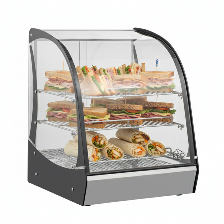 KRD Commercial Curved Front Display Warmer 95 Litres with 3 shelves Countertop 50cm