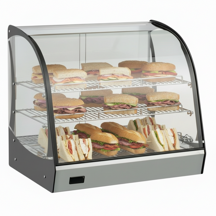 KRD Commercial Curved Front Display Warmer 125 Litres with 3 shelves Countertop 70cm