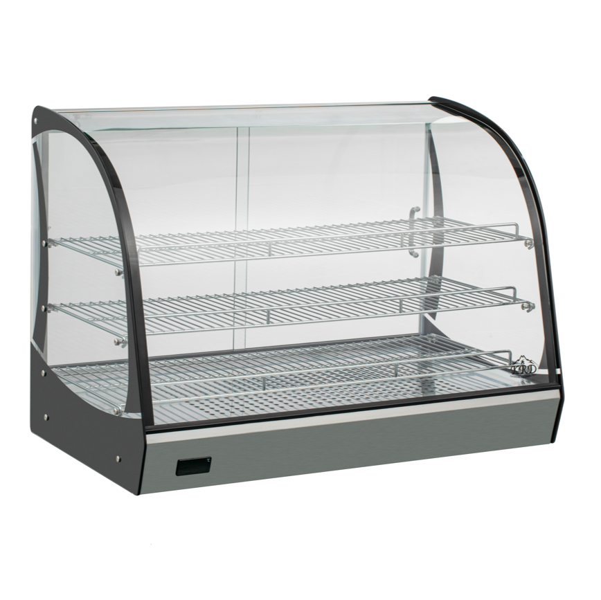 KRD Commercial Curved Front Display Warmer 165 Litres with 3 shelves Countertop 88cm showcasing cakes and pastries.