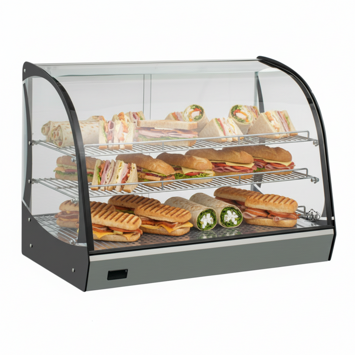 KRD Commercial Curved Front Display Warmer 165 Litres with 3 shelves Countertop 88cm