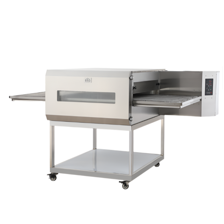 KRD Commercial Gas Conveyor Pizza Oven 32'' Standing 20 Pizzas of Per Hour Programmable LM32Q, stainless steel, freestanding with trolley base.