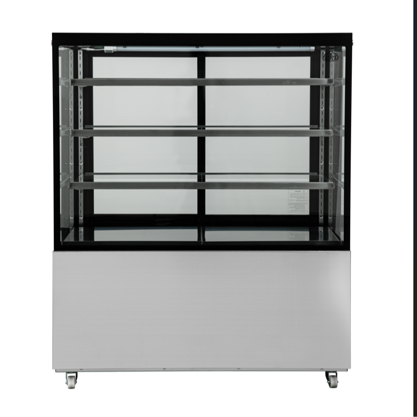 Display case with glass doors on a white background