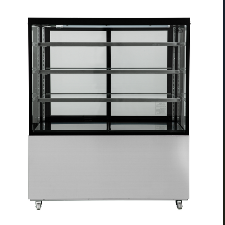 Display case with glass doors on a white background