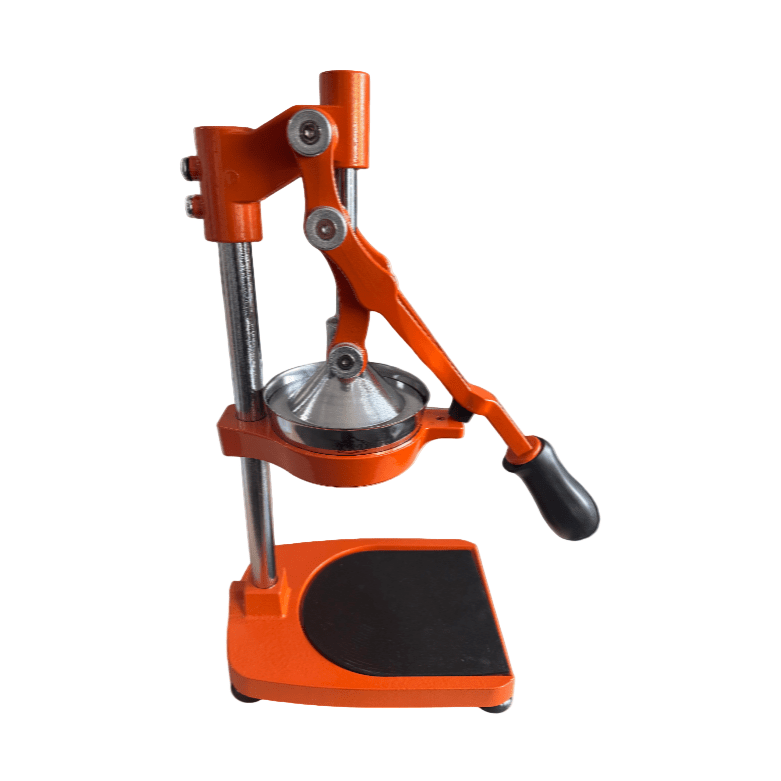 KRD Heavy Duty Manual Fruit Juicer Extractor Table top HR1258 in orange, durable cast iron, designed for efficient juice extraction.
