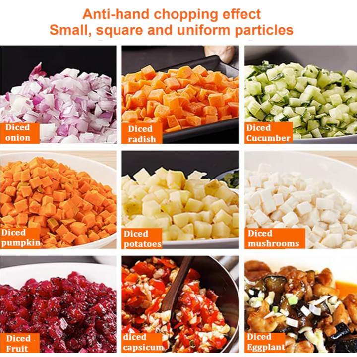 KRD Commercial Vegetable Cutting & Food Processing Machine 5 Litres diced vegetables showcase with uniform particles.