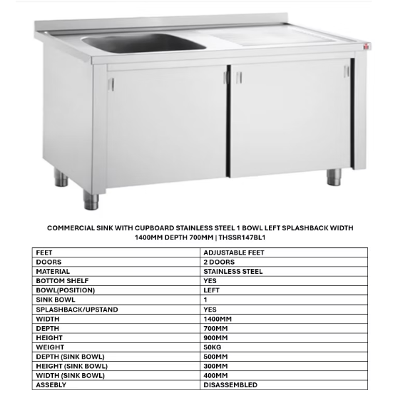 Sink with Cupboard Stainless steel 1 bowl Left Splashback Width 1400mm Depth 700mm ECSKC147BL1