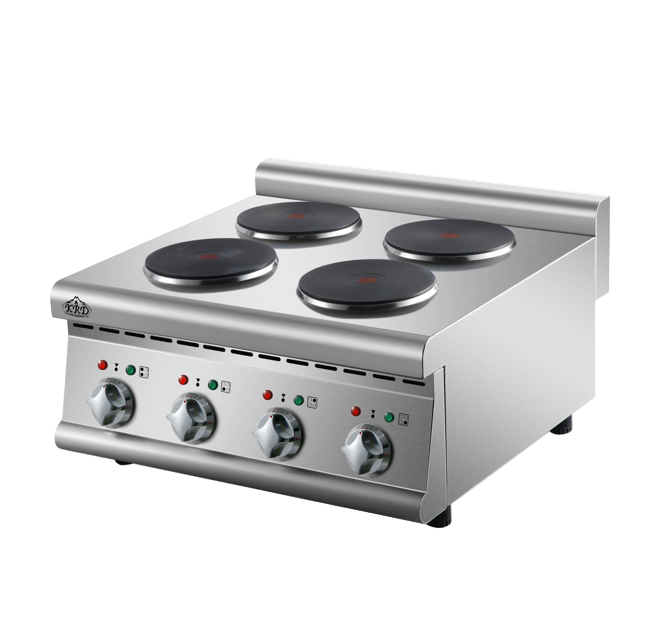 KRD Commercial Electric boiling top 4 plates 8kW Countertop HRQ605E with stainless steel construction and four heating plates.