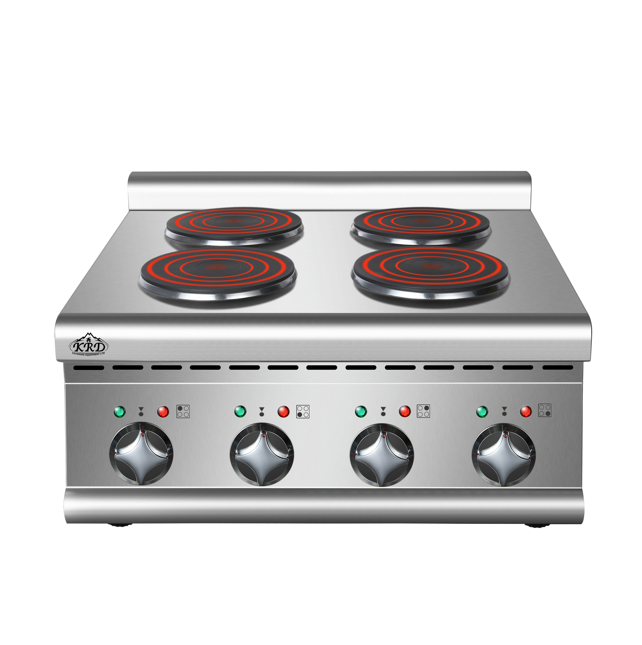 KRD Commercial Electric boiling top 4 plates 8kW Countertop HRQ605E with stainless steel finish and four round heating plates.