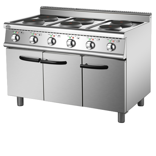 KRD Commercial Electric Cooker 6 Burners with Cabinet Base 6x2kW 700mm Depth with stainless steel finish.