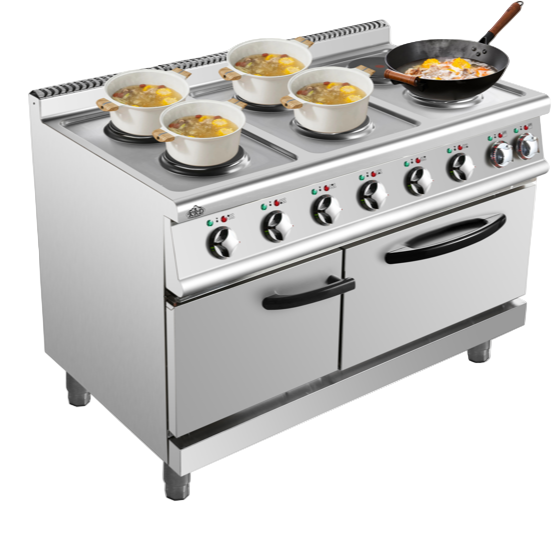 KRD Commercial Electric Cooker 6 Burners (6x2000W) with Electric Oven (4800W) 1200x700x920xmm 380V showing four pots and a frying pan.