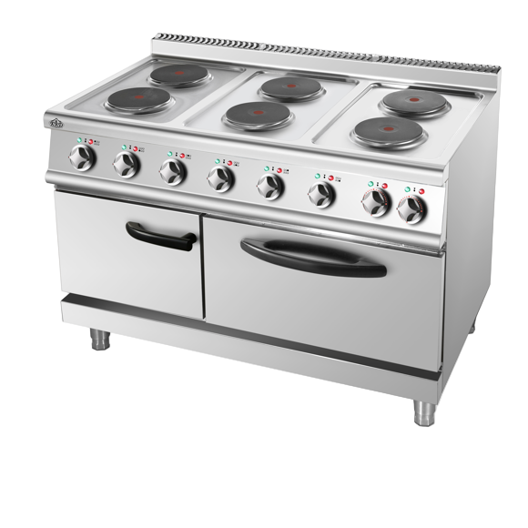 KRD Commercial Electric Cooker 6 Burners (6x2000W) with Electric Oven (4800W) 1200x700x920xmm 380V on a professional kitchen countertop.