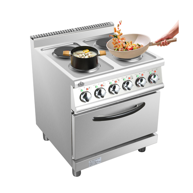 KRD Commercial Electric Cooker 4 Burners with Electric Oven 8kW+4.8kW 700mm Depth HRQ712A in a kitchen setting.