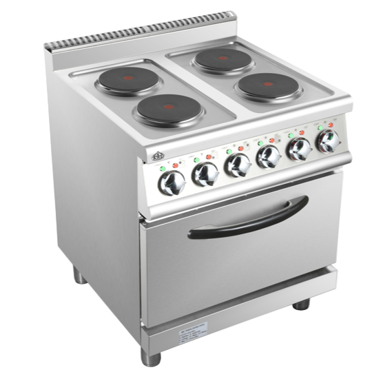 KRD Commercial Electric Cooker 4 Burners with Electric Oven 8kW+4.8kW 700mm Depth HRQ712A stainless steel design.