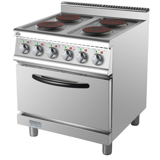 KRD Commercial Electric Cooker 4 Burners with Electric Oven 8kW+4.8kW 700mm Depth HRQ712A on a kitchen countertop.