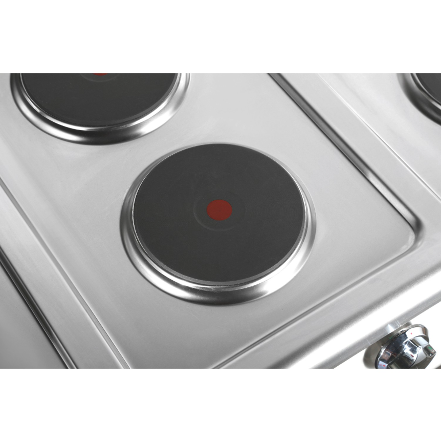 KRD Commercial Electric boiling top 4 plates 8kW Countertop HRQ605E close-up of heating plates on stainless steel surface.