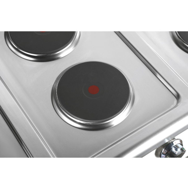 KRD Commercial Electric boiling top 4 plates 8kW Countertop HRQ605E close-up of heating plates on stainless steel surface.