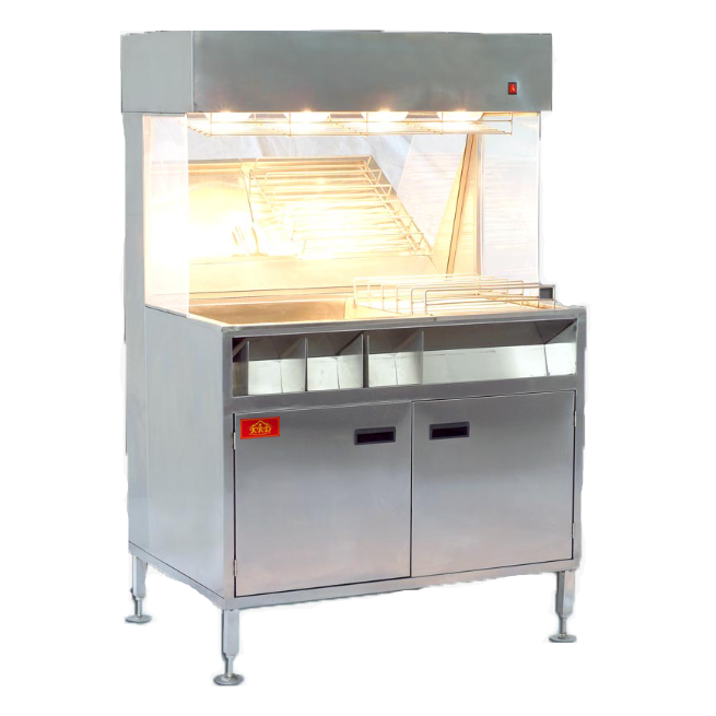 KRD free standing electric chips scuttle Dump bagging & warming station VF100 with stainless steel finish and storage compartments.