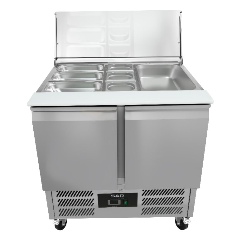 KRD Commercial 2 Door Prep Counter Fridge Saladette with stainless steel finish and open top for easy access.