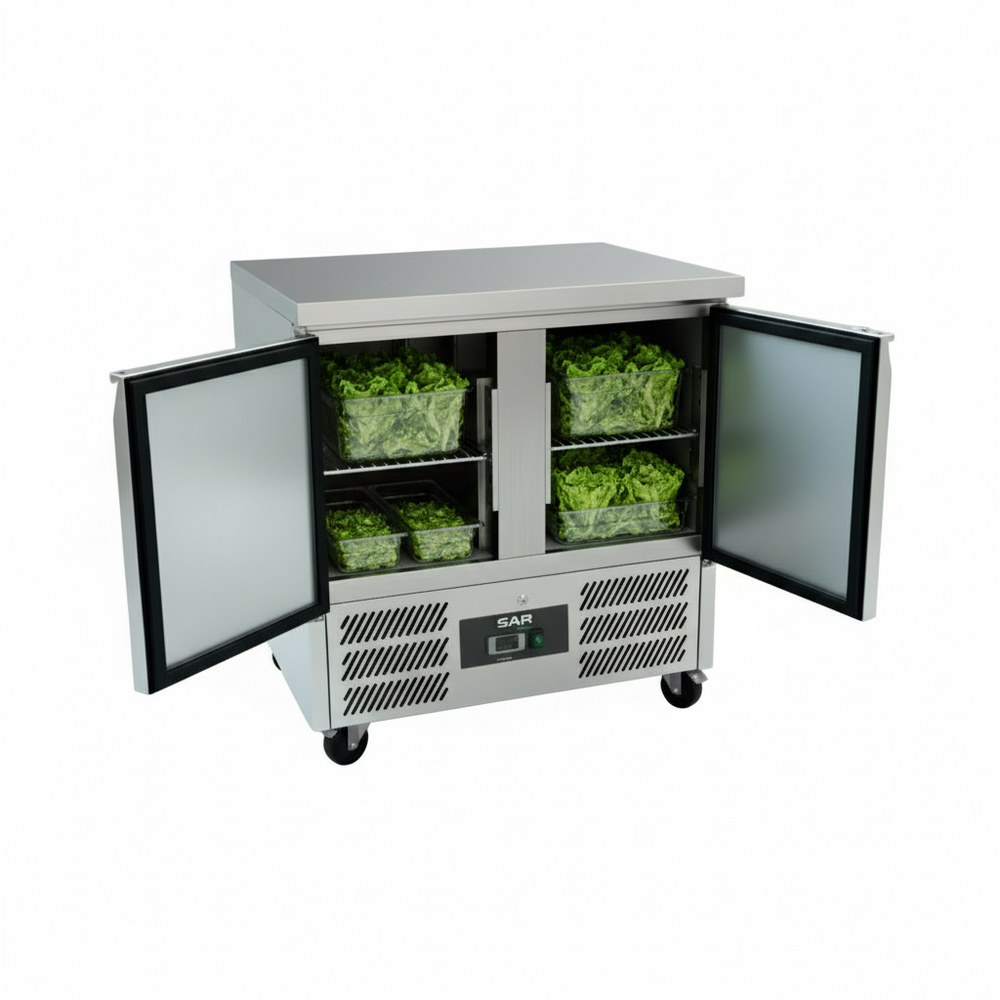 KRD Refrigerated Counter 2 doors Depth 700mm 240 Litres for commercial kitchen use, featuring stainless steel design and ample storage.