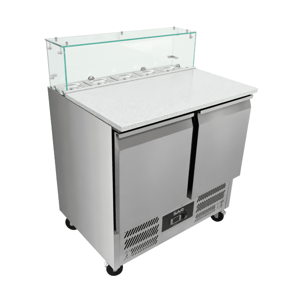KRD 2 Door Saladette Counter Fridge with Chopping Board & Glass Top S900GT, 90cm stainless steel commercial fridge for kitchens.