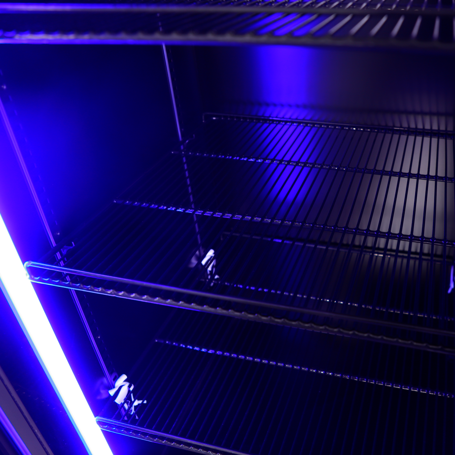 Interior view of KRD Upright Double Display Refrigerator 2 Hinged Glass Door 110cm LG41100LWA showcasing shelves.