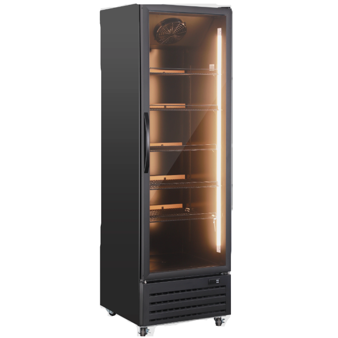 KRD Upright Single Door Glass Display Refrigerator Black 61cm LGX426WL showcasing a large capacity for commercial kitchen equipment.