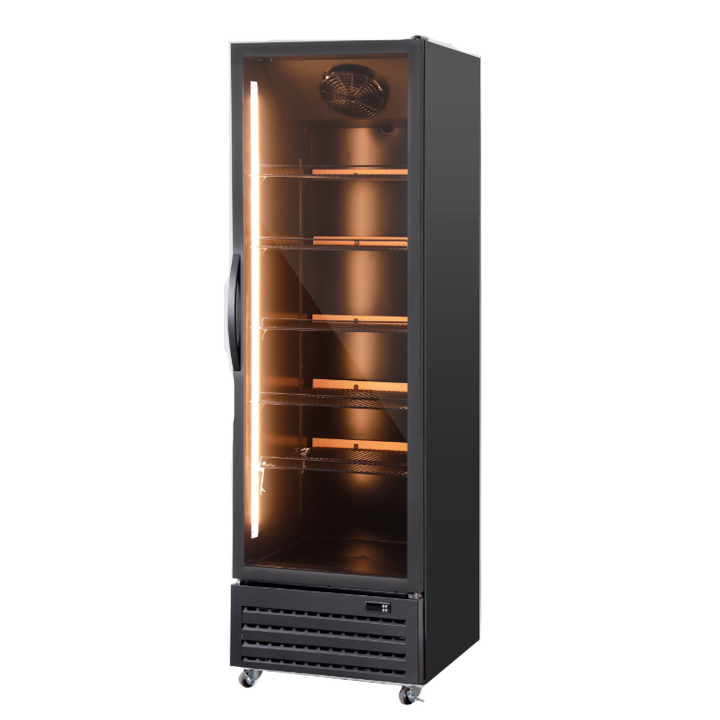 KRD Upright Single Door Glass Display Refrigerator Black 61cm LGX426WL features a large capacity for commercial kitchen equipment.