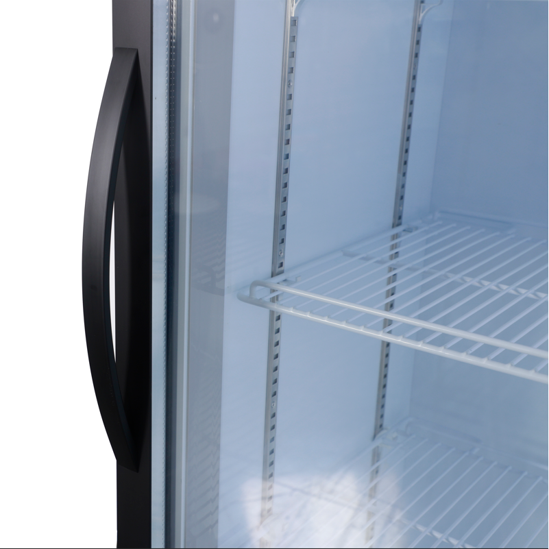 Interior view of KRD Upright Single Door Glass Display Refrigerator White 68cm LGT460WL showcasing shelves for drink storage.