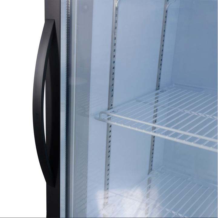 Interior view of KRD Upright Single Door Glass Display Refrigerator White 68cm LGT460WL showcasing shelves for drink storage.