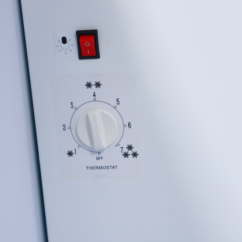 KRD Upright Single Door Glass Display Refrigerator White 68cm LGT460WL thermostat and power switch detail