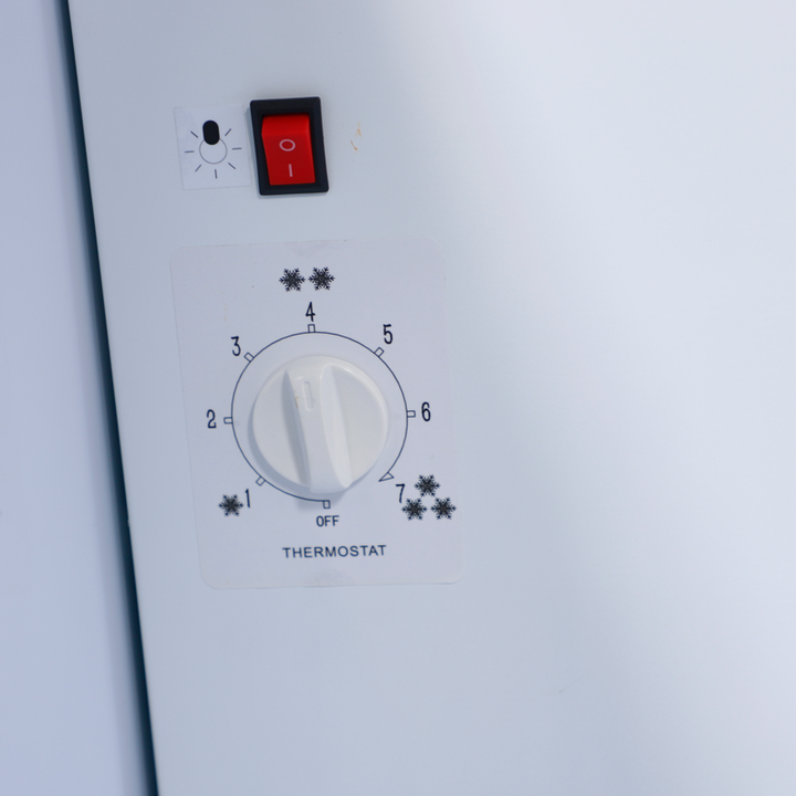 KRD Upright Single Door Glass Display Refrigerator White 68cm LGT460WL thermostat and power switch detail