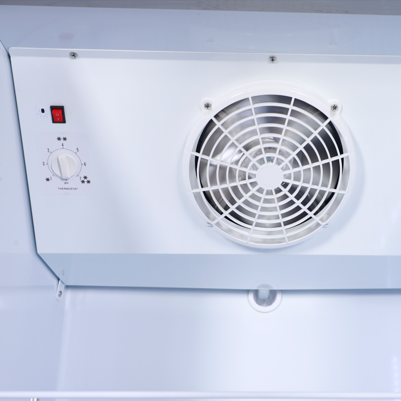 Cooling system view of KRD Upright Single Door Glass Display Refrigerator White 68cm LGT460WL with fan and thermostat.