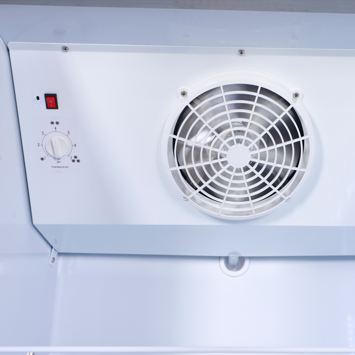 Cooling system view of KRD Upright Single Door Glass Display Refrigerator White 68cm LGT460WL with fan and thermostat.